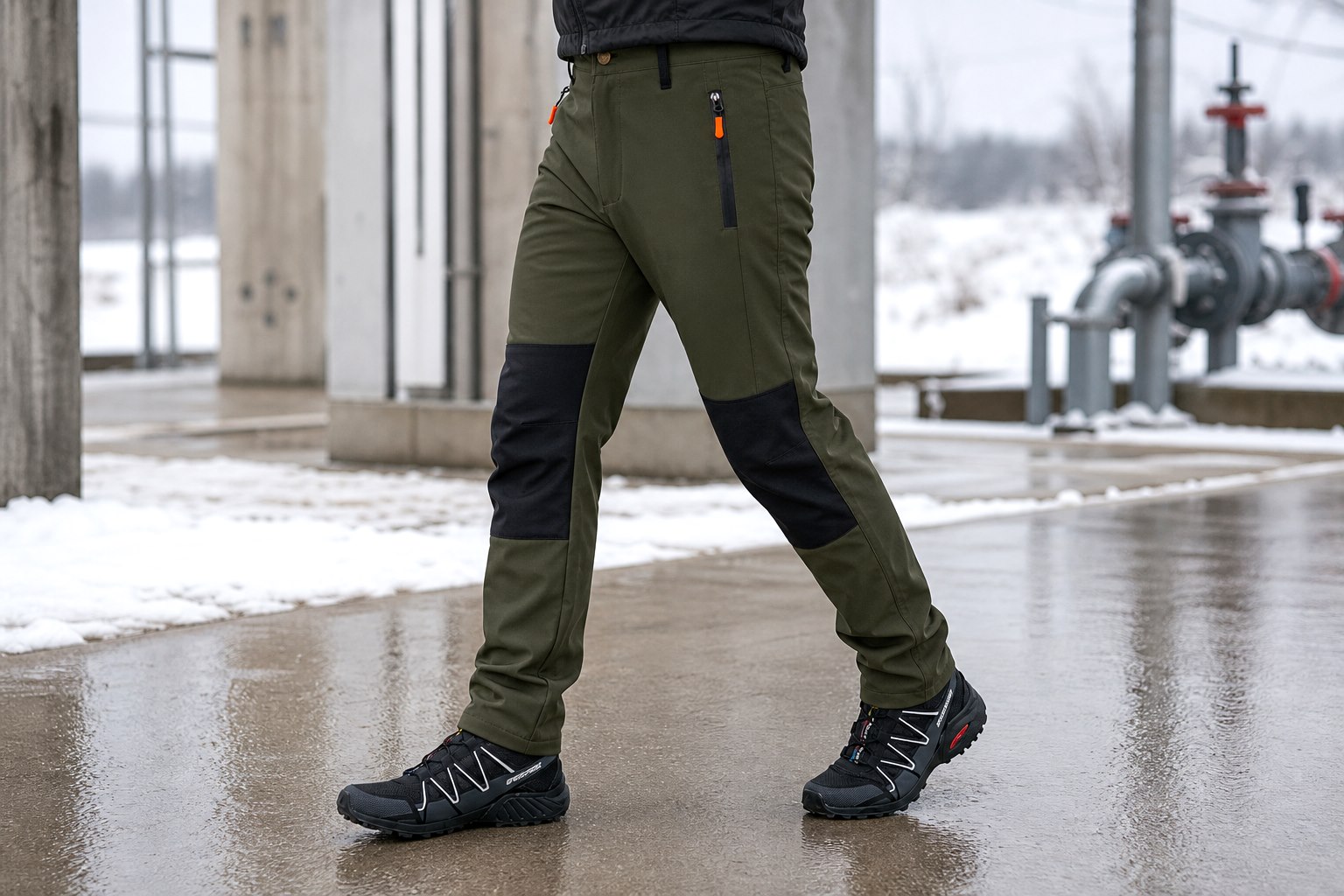 Haki softshell kışlık iş pantolonu kış saha kullanım görseli