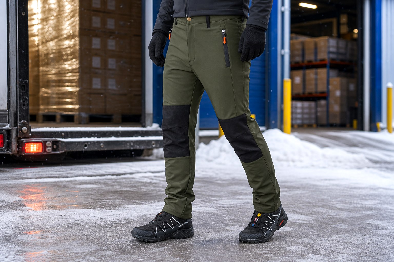 Haki softshell kışlık iş pantolonu soğuk depo kullanım görseli