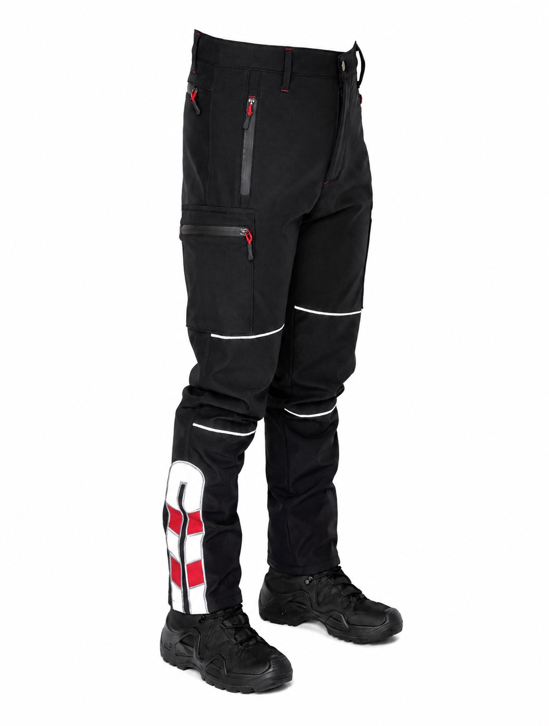 Siyah reflektörlü softshell iş pantolonu ön model görünümü