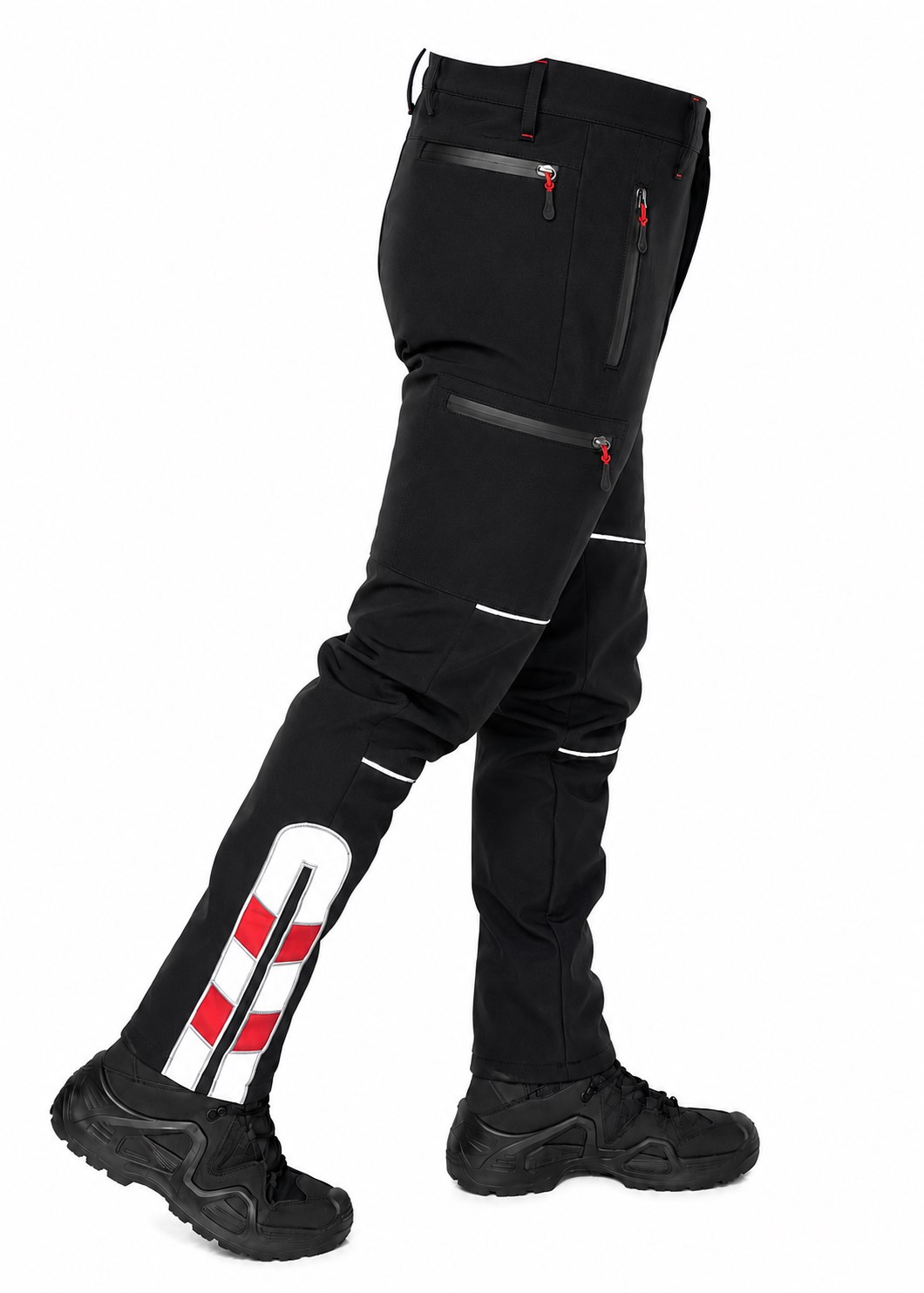 Siyah reflektörlü softshell iş pantolonu yan model görünümü