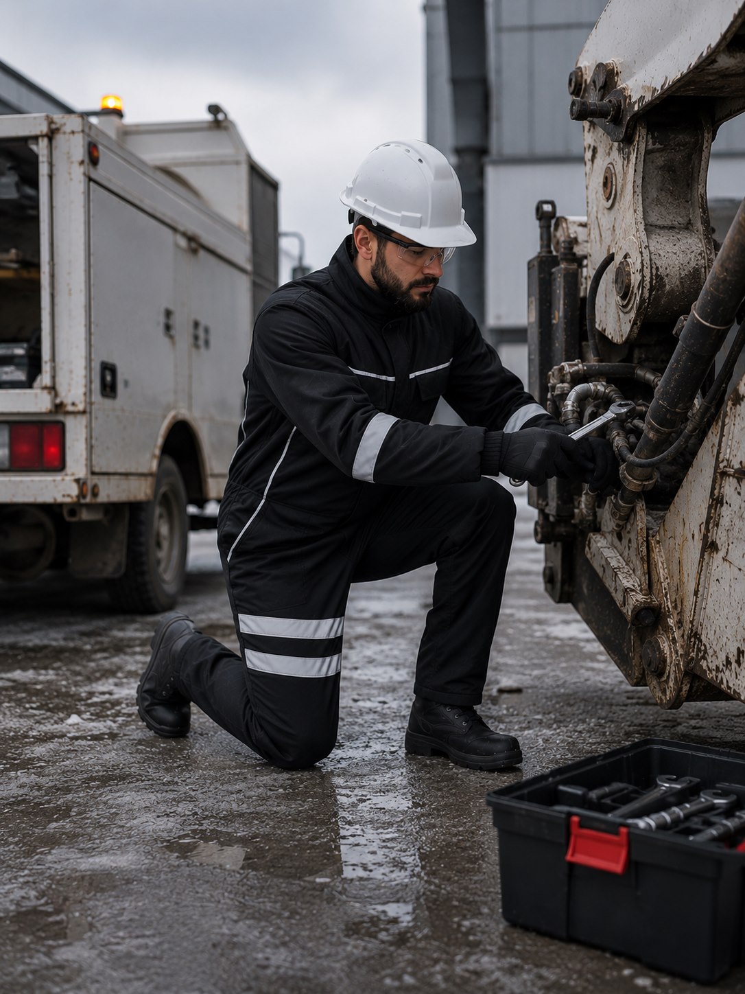 Teknik servis ekiplerinde siyah reflektörlü soğuk hava iş tulumu