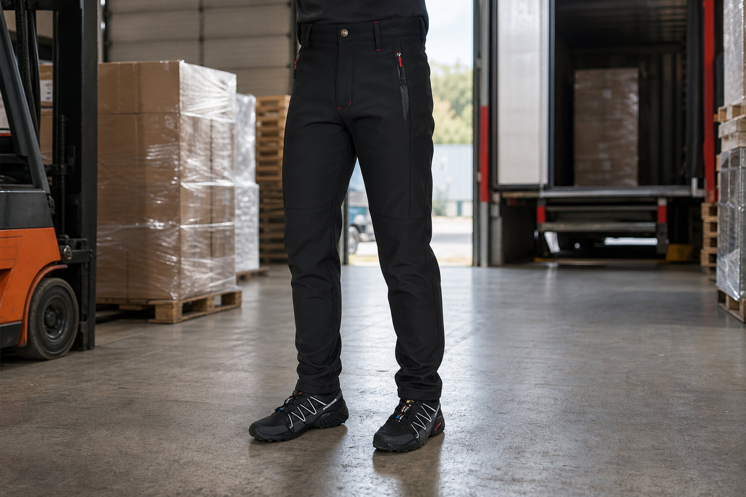 Siyah softshell kışlık iş pantolonu depo ve yükleme alanı kullanım görseli