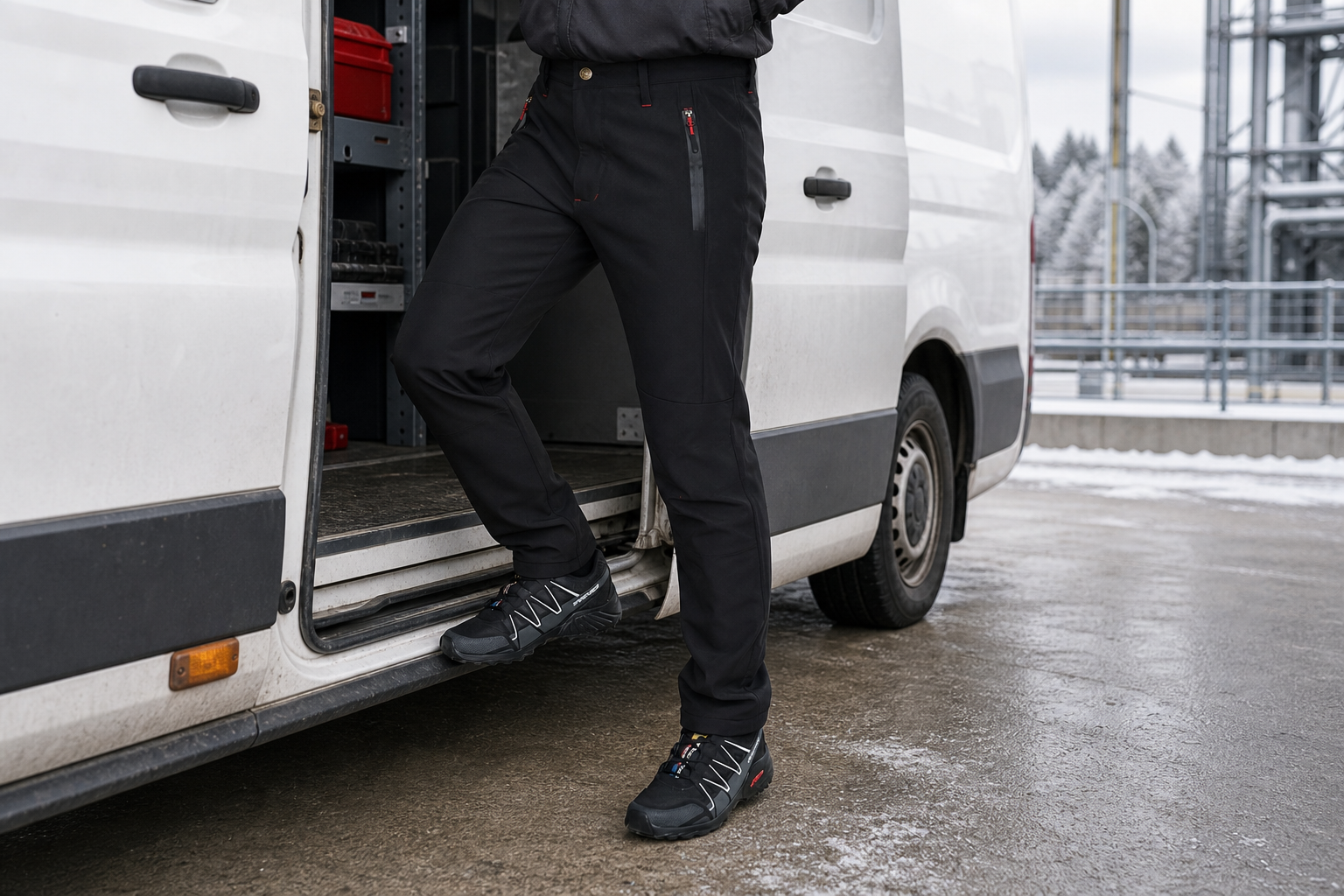 Siyah softshell kışlık iş pantolonu servis aracı kullanım görseli