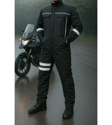 Motorcu Kışlık Siyah Su ve Rüzgar Geçirmez Reflektörlü Elyaflı Tulum