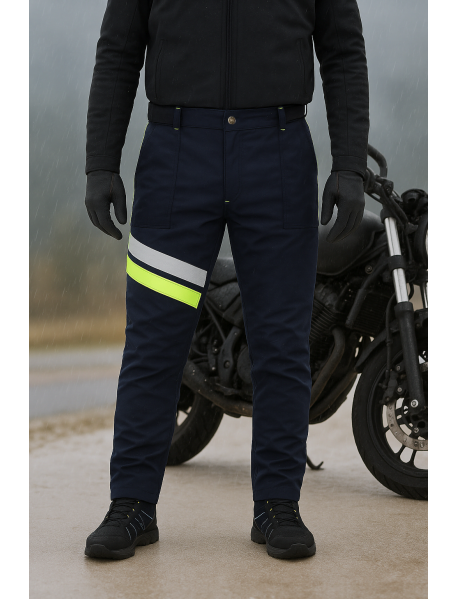 Su Rüzgar Geçirmez Reflektörlü Elyaf Takviyeli Lacivert Sarı Soğuk Hava Motorcu Pantolonu Su Rüzgar Geçirmez Reflektörlü Elyaf Takviyeli Lacivert Sarı Soğuk Hava Motorcu Pantolonu