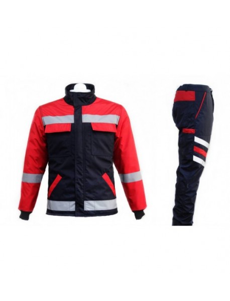 YSF WorkWear 240GR Elyaf Takviyeli Kapitone Astarlı Lacivert Kırmızı Soğuk Hava İş Mont Pantolon Takımı